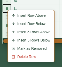Right-click row menu showing Insert Row Above, Insert Row Below, Insert 5 Rows Above, Insert 5 Rows Below, Mark as Removed and Delete Row